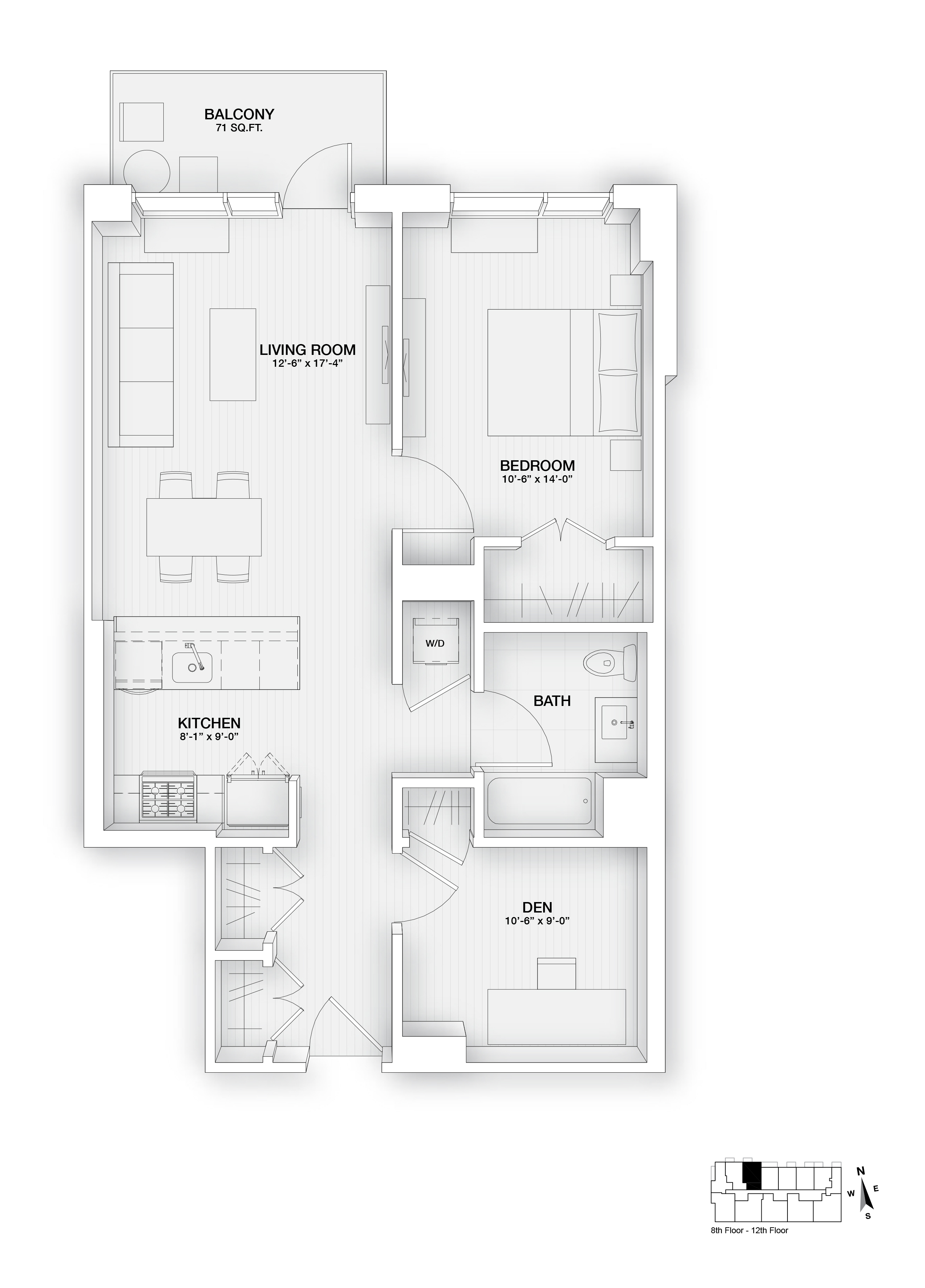 Floor plan for 2 beds, 1 bath, 840 sqft